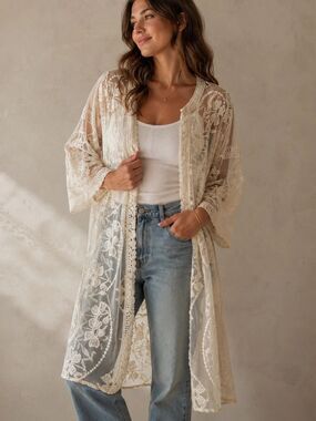 Indigo Poppy Embroidered Lace Kimono Duster | Boho Festival Beach Cover-Up